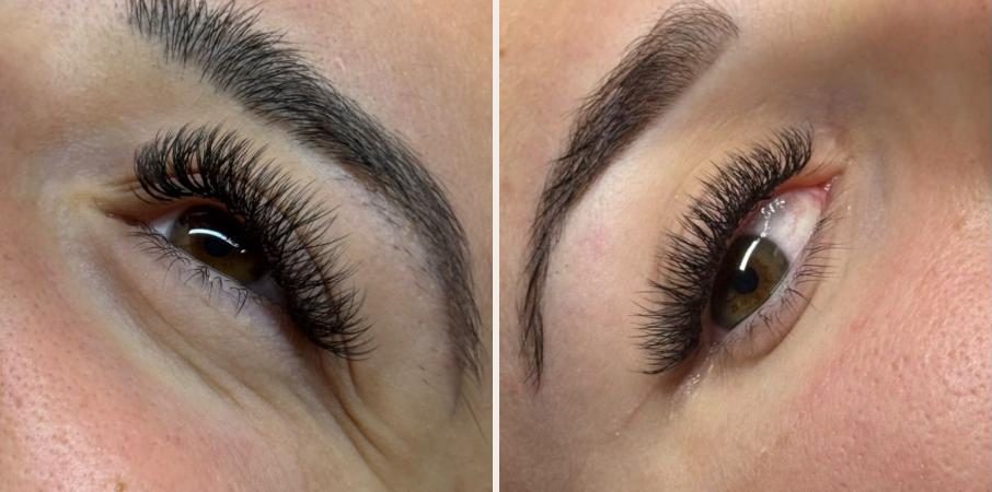 Deux poses d’extensions de cils réalisées chez Maison Marine : volume russe 3D et volume mixte