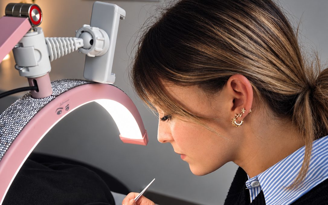 Marine, technicienne de cils chez Maison Marine, pose des extensions sous la lampe de la cabine